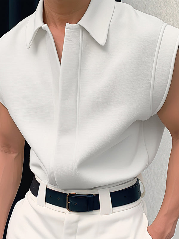 Mens Solid Lapel Casual Sleeveless Shirt SKUK49447