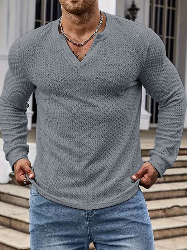 Mens Textured V-Neck Long Sleeve T-Shirt SKUK77209