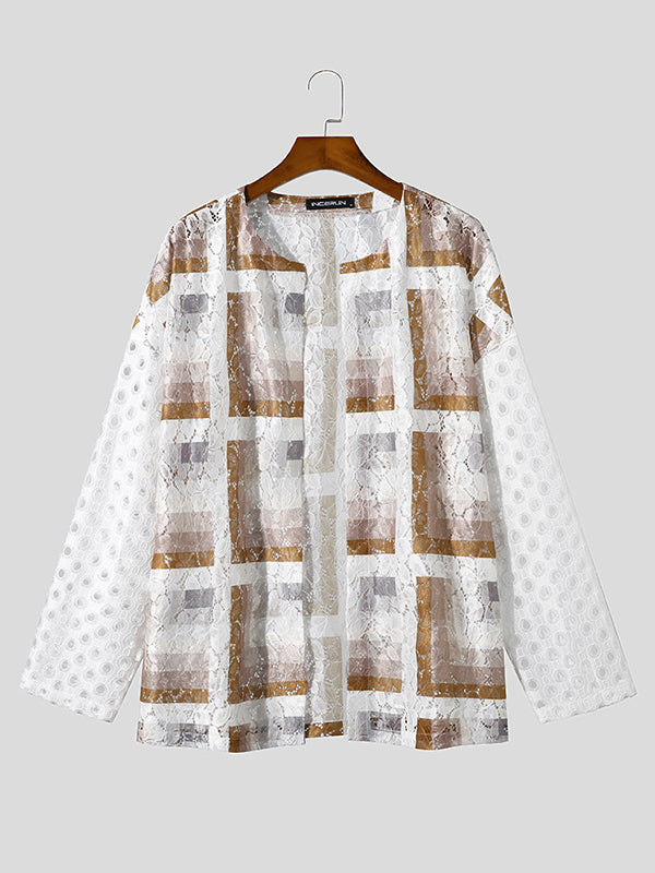 Mens Windowpane Pattern Patchwork Open Front Shirt SKUK13166