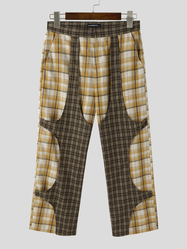 Mens Plaid Patchwork Casual Straight Pants SKUK43882