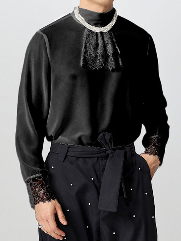 Mens Lace Panel Sheer Long-Sleeve Shirt SKUK85604