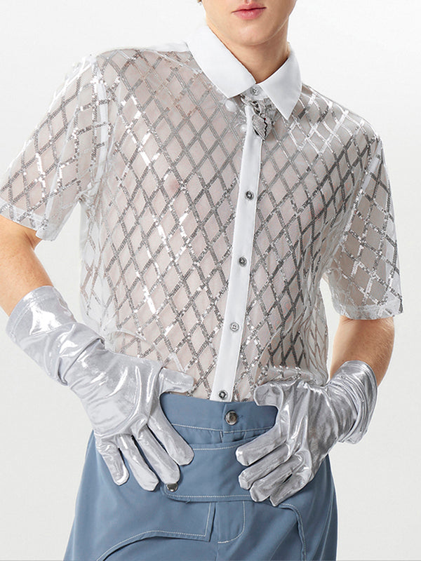 Mens Sequined Mesh Patchwork Short Sleeve Shirt SKUK45531