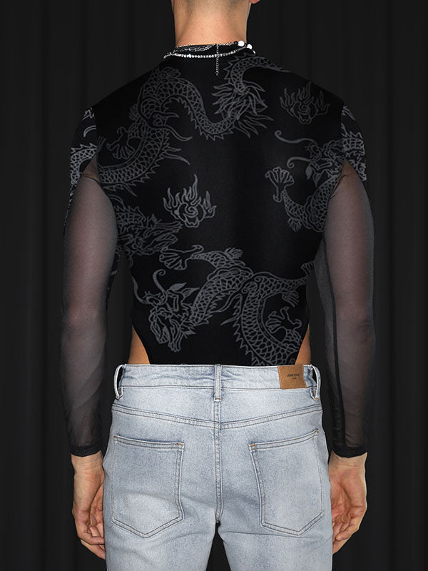 Mens Dragon Print Mesh Patchwork Bodysuit SKUK42103