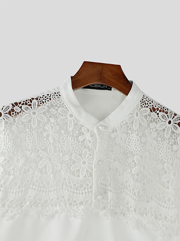 Mens Lace Patchwork Short Sleeve Half-Placket Shirt SKUK80573