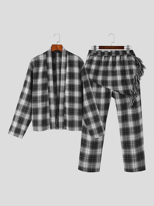 Mens Plaid Kimono Casual Two Pieces Outfits SKUK44895