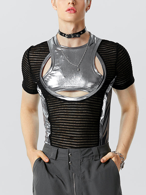 Mens Metallic Patchwork Cutout Deconstruction T-Shirt SKUK17896