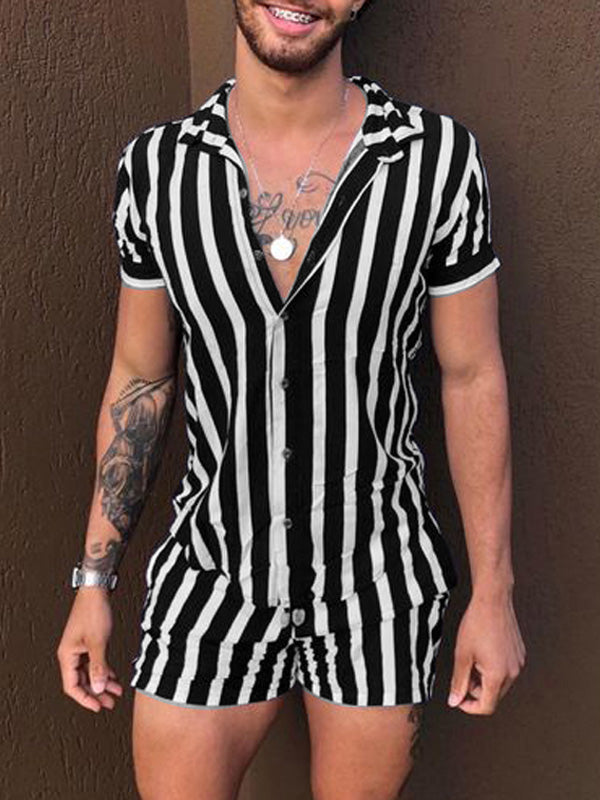 Mens Striped Casual Short Sleeve Two Pieces Outfits SKUK55973