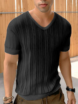 Mens Knit Hollow V-Neck Short Sleeve T-Shirt SKUK51052