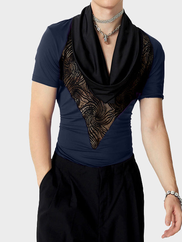 Mens Lace-Panel Cowl Neck Short Sleeve T-Shirt SKUK69168