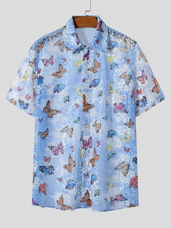 Mens Butterfly Print See Through Casual Shirt SKUK56390