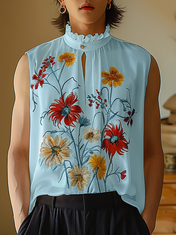 Mens Floral Print Mock Neck Sleeveless Tank SKUK64732