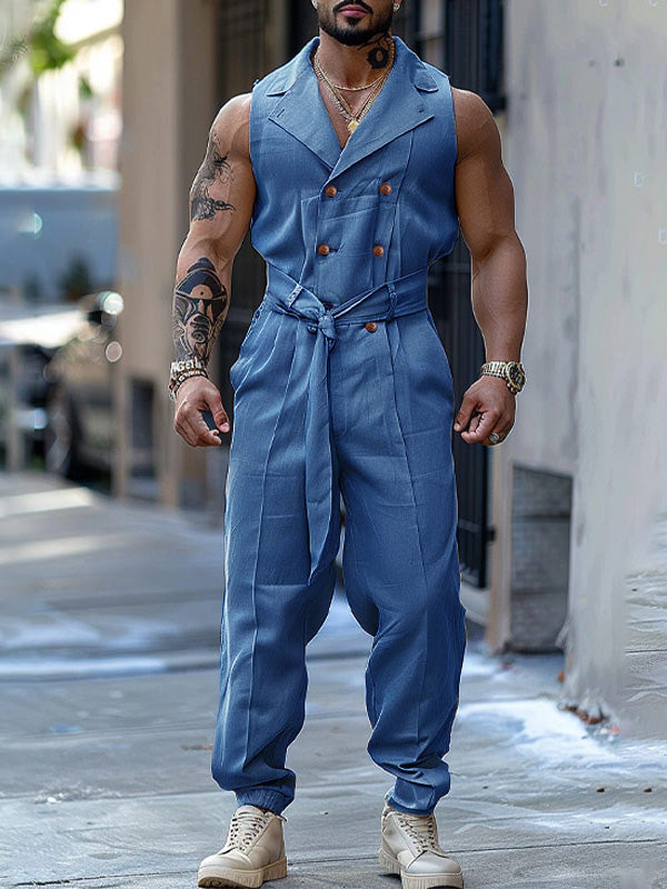 Mens Double-Breasted Solid Color Sleeveless Jumpsuit SKUK79182