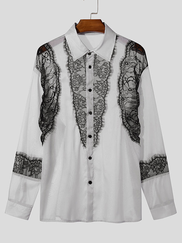 Mens Sheer Lace Patchwork Long-Sleeve Shirt SKUK90725