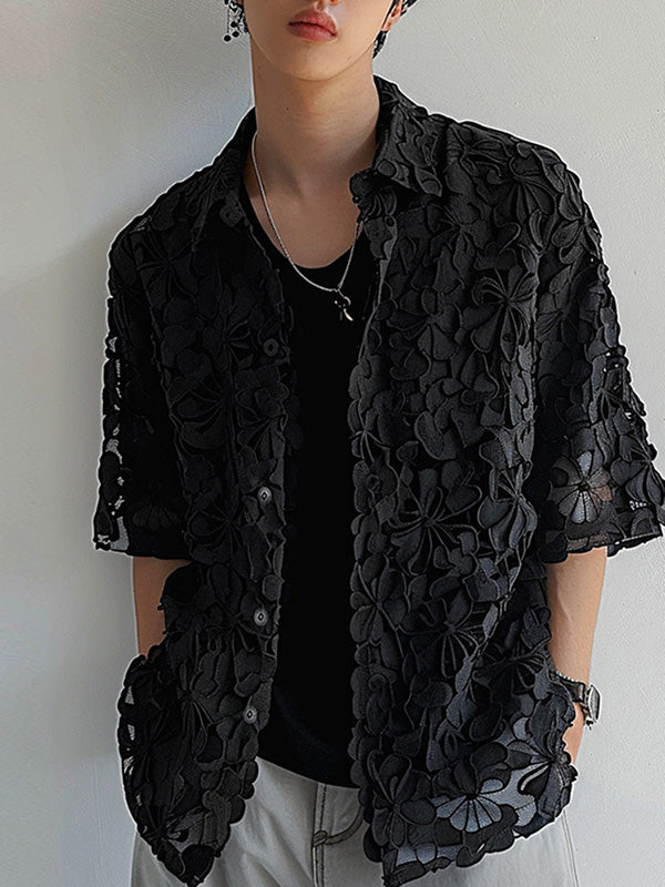 Mens Flower Lace See Through Short Sleeve Shirt SKUK61535