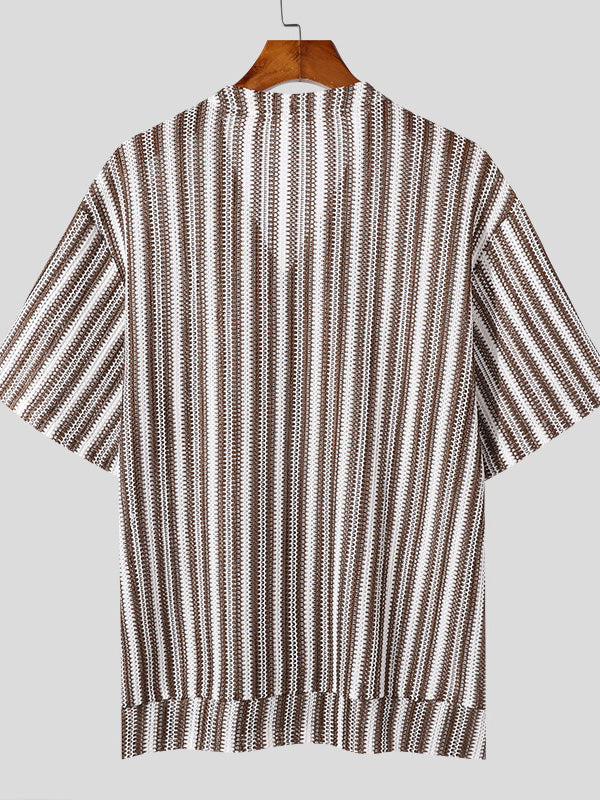 Mens Hollow Out Striped V-Neck Short-Sleeve Shirt SKUK74064