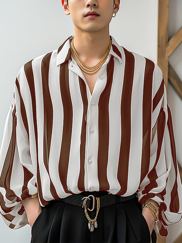 Mens Striped Lapel Lantern Sleeve Casual Shirt SKUK49394