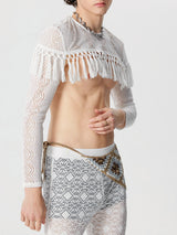 Mens Fringe Lace Patchwork See Through Crop Top SKUK53723