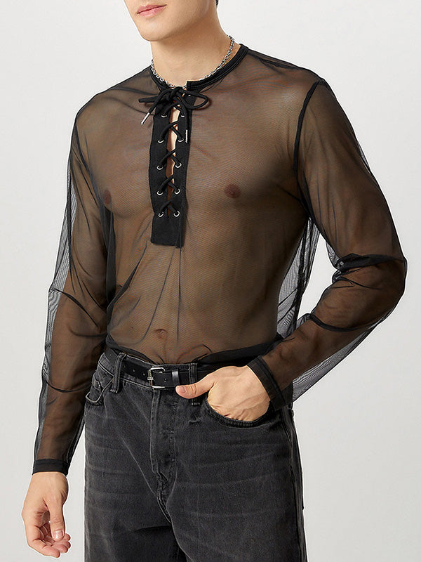 Mens Lace-Up Mesh See Through T-Shirt SKUK34755