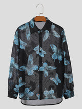 Mens Butterfly Print Sheer Long Sleeve Shirt SKUK68196