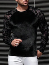 Mens Floral Mesh Velvet Patchwork T-Shirt SKUK40467