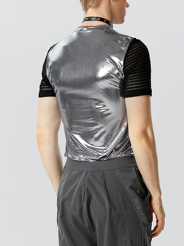 Mens Metallic Patchwork Cutout Deconstruction T-Shirt SKUK17896