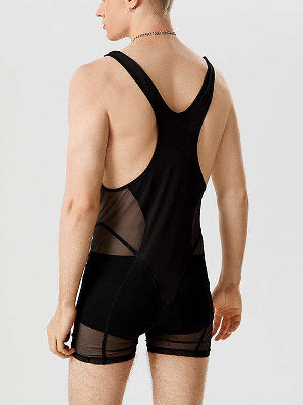 Mens Mesh Patchwork See Through Sleeveless Bodysuit SKUK09625