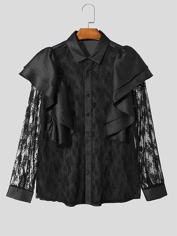 Mens Lace Patchwork Ruffle Long-Sleeve Shirt SKUK85581