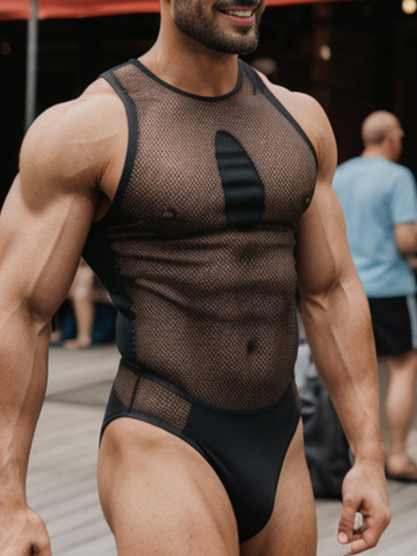 Mens Hollow Mesh Sheer Bodysuit SKUK87951