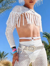 Mens Fringe Lace Patchwork See Through Crop Top SKUK53723