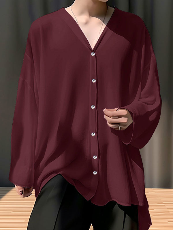 Mens Solid V-Neck High-low Hem Shirt SKUK54553