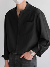 Mens Solid Notched Neck Long Sleeve Shirt SKUK61142