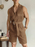 Mens Solid Notched Lapel Sleeveless Casual Jumpsuit SKUK61916