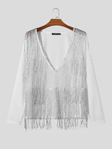 Mens Fringe Mesh See Through V-Neck T-Shirt SKUK45450