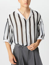 Mens Striped V-Neck Chiffon Half Sleeve Shirt SKUK47000