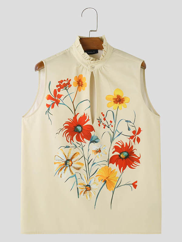 Mens Floral Print Mock Neck Sleeveless Tank SKUK64732