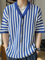 Mens Simple Striped V-Neck Short Sleeve Shirt SKUK67996