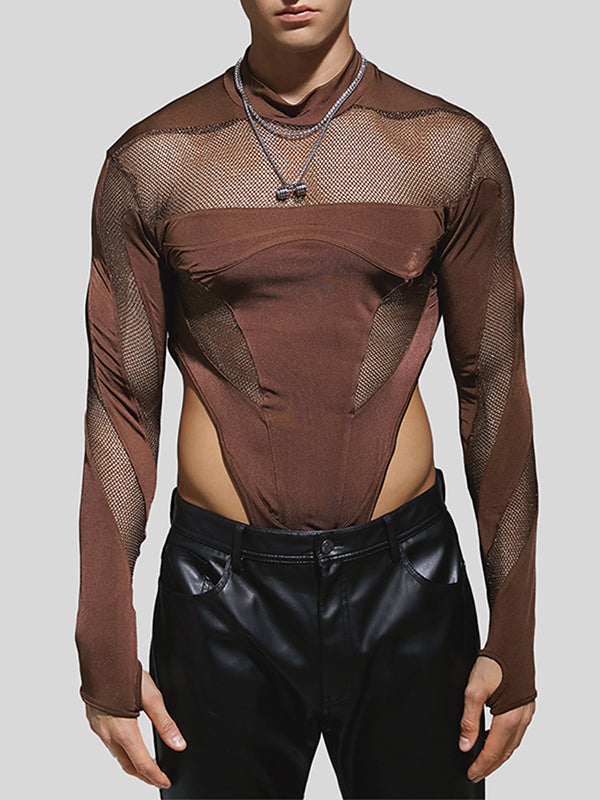 Mens Mesh Patchwork Half-Collar Long Sleeve Bodysuit SKUK33748