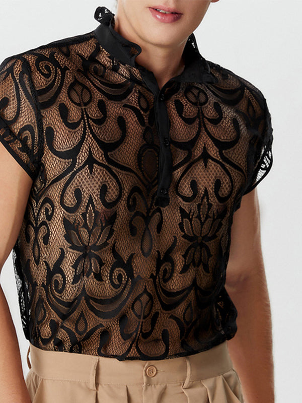 Mens Lace See Through Stand Collar Shirt SKUK58961