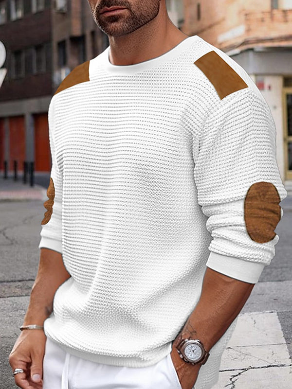 Mens Patched Patchwork Crew Neck Pullover Sweater SKUK41410