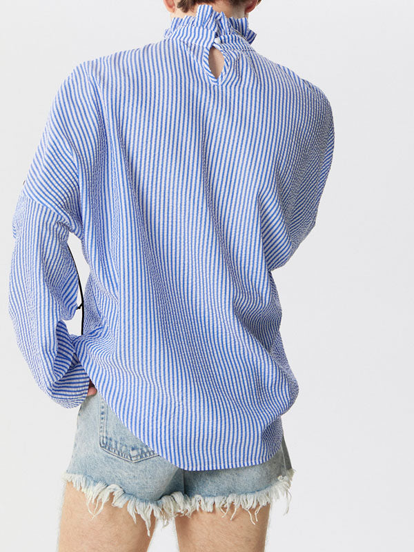 Mens Striped Cutout Drawstring Design Ruffle Neck Shirt SKUK43576