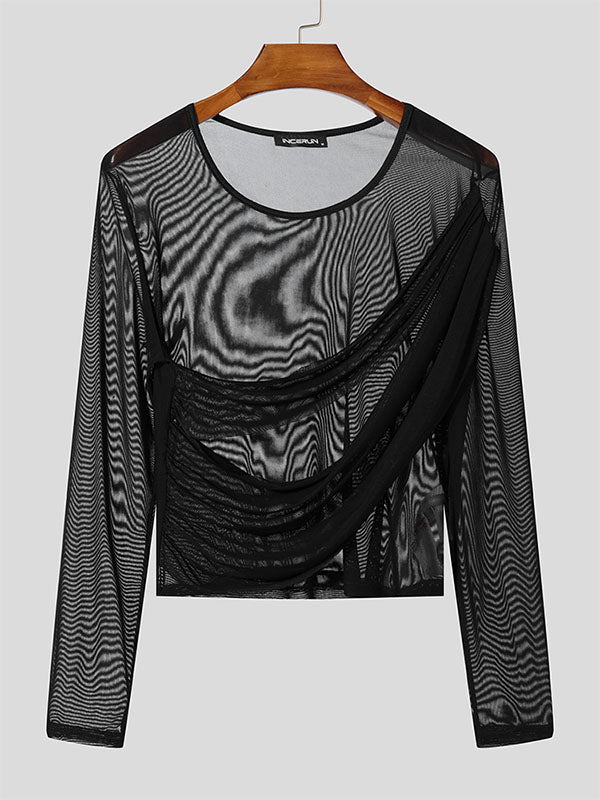 Mens Asymmetrical Shoulder Design Cropped Long-Sleeve T-Shirt SKUK86760