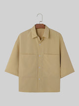 Mens Solid Lapel Collar Short Sleeve Shirt SKUK52979