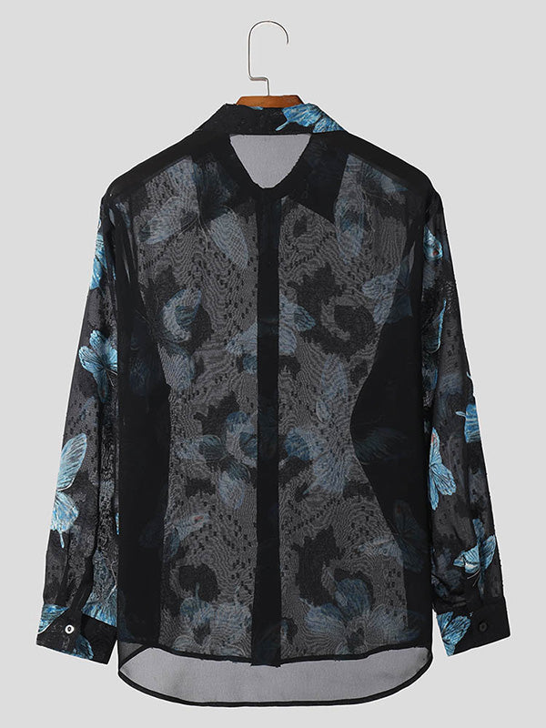 Mens Butterfly Print Sheer Long Sleeve Shirt SKUK68196