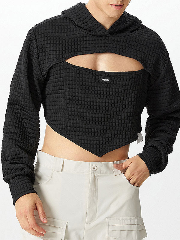 Mens Waffle Knit Cropped Long-Sleeve Hoodie SKUK79539