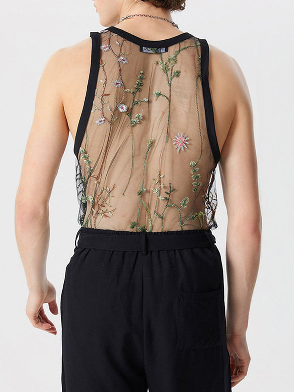 Mens Floral Embroidered See Through Sleeveless Vest SKUK53715