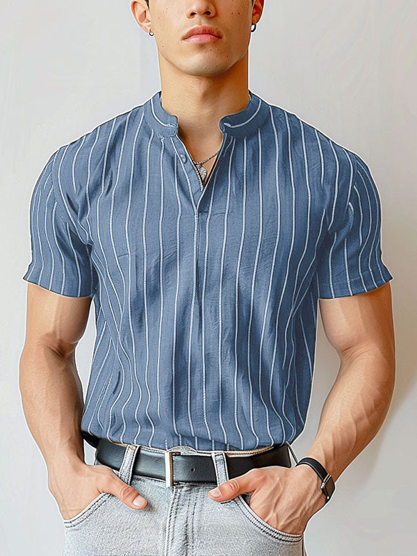 Mens Striped Stand Collar Short Sleeve T-Shirt SKUK74697