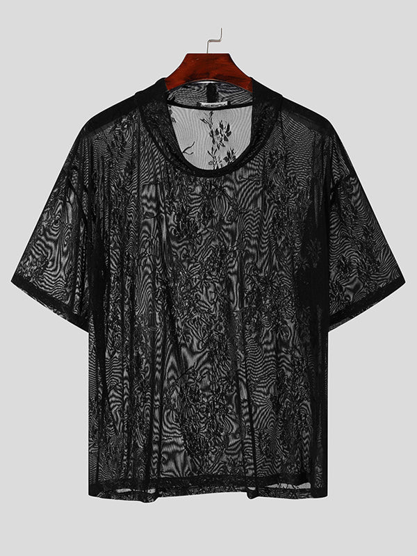 Mens Jacquard Print Sheer Short Sleeve T-Shirt SKUK62901