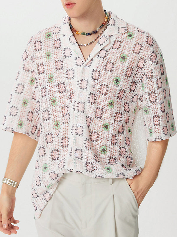 Mens Windowpane Pattern Sheer Short Sleeve Shirt SKUK68859