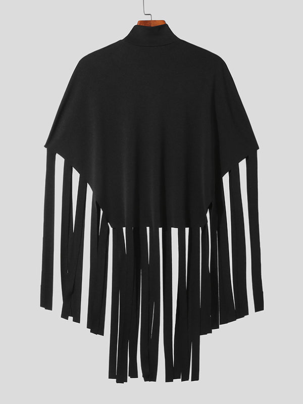 Mens Solid High Neck Fringe Hem Cloak SKUK28599