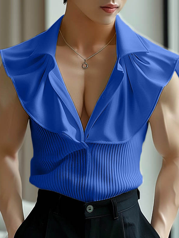 Mens Solid Color Ruffle Patchwork Sleeveless Shirt SKUK68912